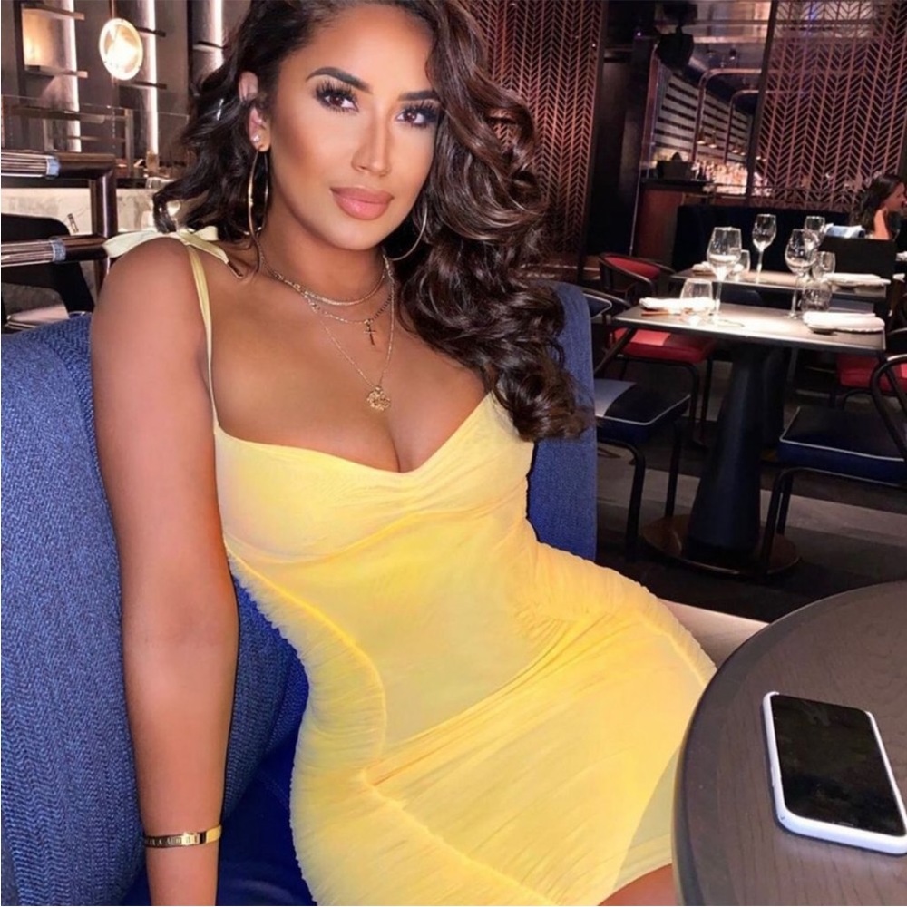 HOUSE OF CB 'Rosa' Lemon Mesh Ruched Mini Dress NWOT